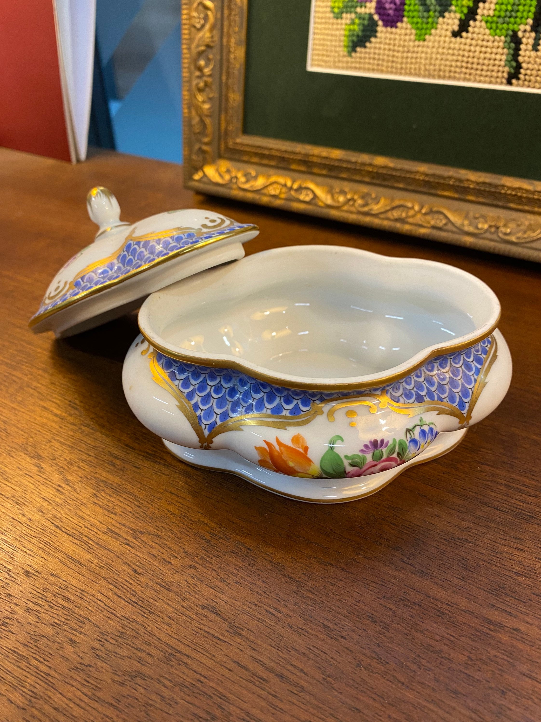 Herend Porcelain Bonbonier With Lid Blue Border Etsy Australia