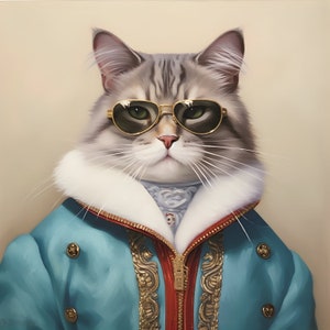 Puede incluir: Un gato gris y blanco con una chaqueta azul con ribetes dorados y gafas de sol doradas.