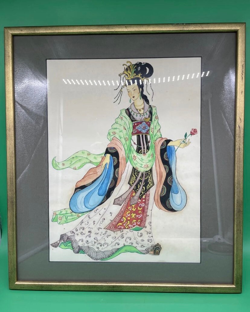 ヴィンテージ日本画、金色の金属フレーム、日本美術、ミニマリストの