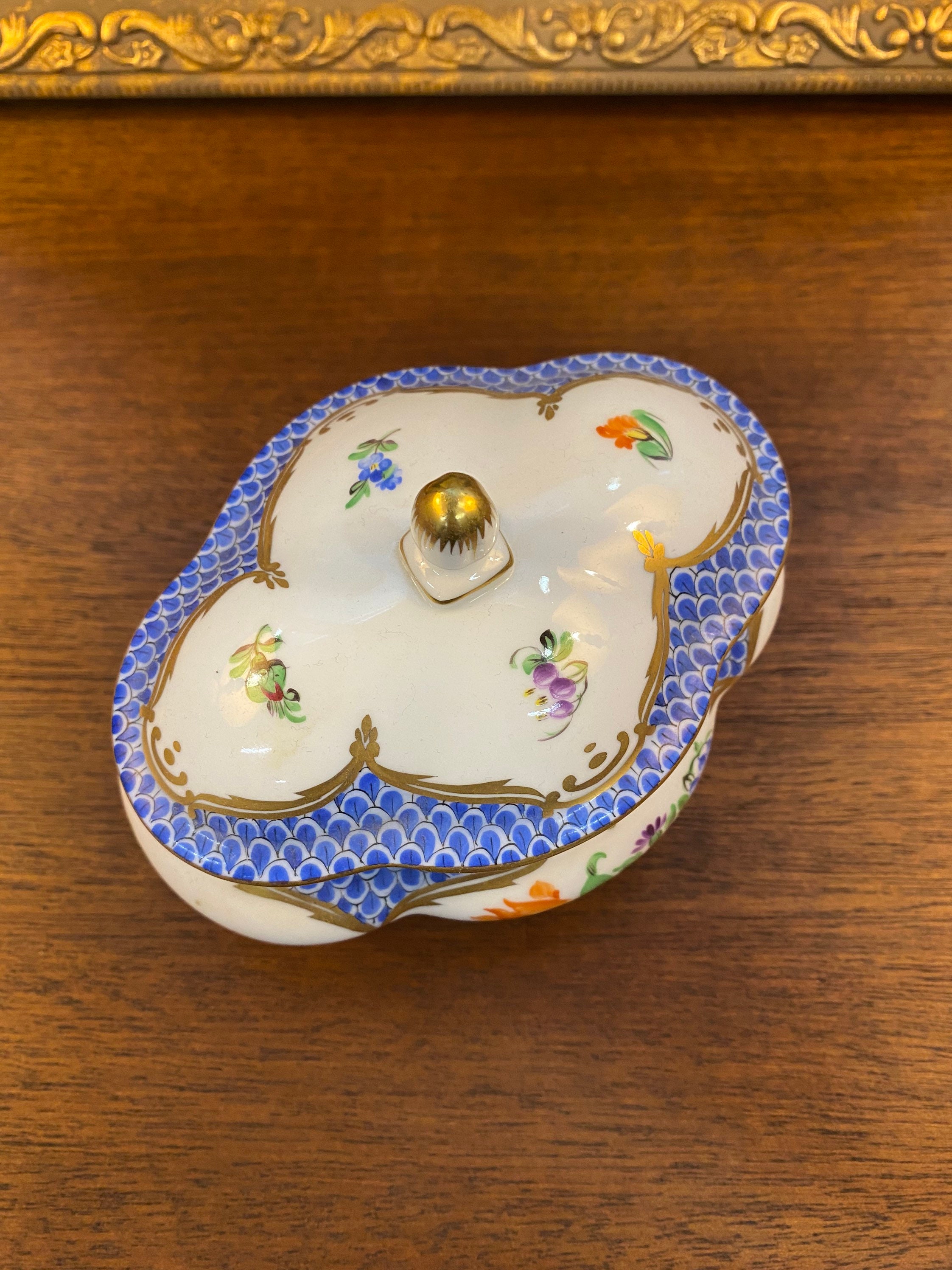 Herend Porcelain Bonbonier With Lid Blue Border Etsy Australia