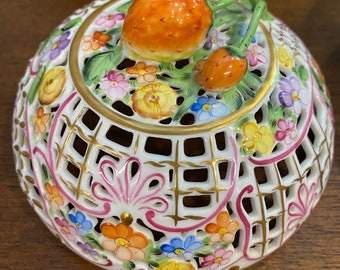 Herend Hungary, Openwork, Flowers, Porcelain Bowl With Lid Herend Hungary, Openwork, Flowers, Porcelain Bowl With Lid