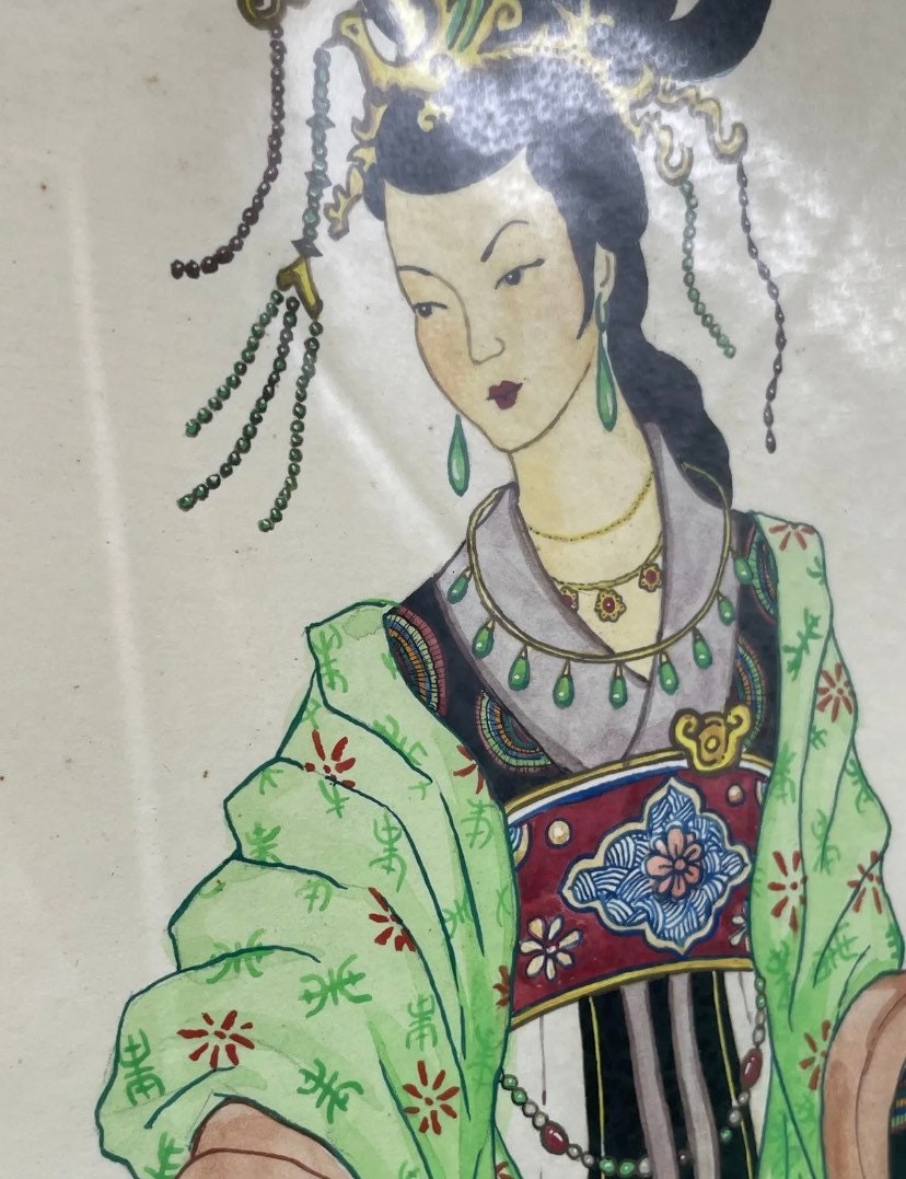 ヴィンテージ日本画、金色の金属フレーム、日本美術、ミニマリストの ヴィンテージ日本画、金色の金属フレーム、日本美術、ミニマリストの