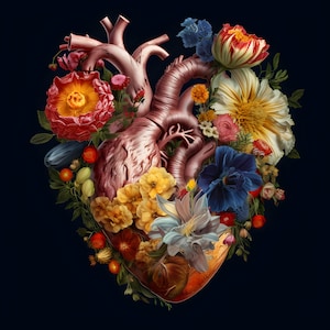 Puede incluir: Un modelo anatómico de un corazón humano rodeado de una variedad de flores coloridas, incluyendo amarillas, rojas, azules y blancas. Las flores están dispuestas en forma de corazón.