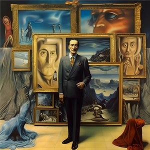 Puede incluir: Un hombre con un traje oscuro se encuentra de pie frente a una pared de pinturas enmarcadas. Las pinturas son de diferentes estilos y representan varias escenas, incluyendo un paisaje, un retrato y un diseño abstracto. El hombre mira a la cámara con una expresión seria.