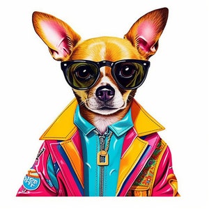 Puede incluir: Un chihuahua con gafas de sol y una chaqueta colorida. La chaqueta es rosa, amarilla, azul y naranja. El perro está mirando directamente a la cámara.