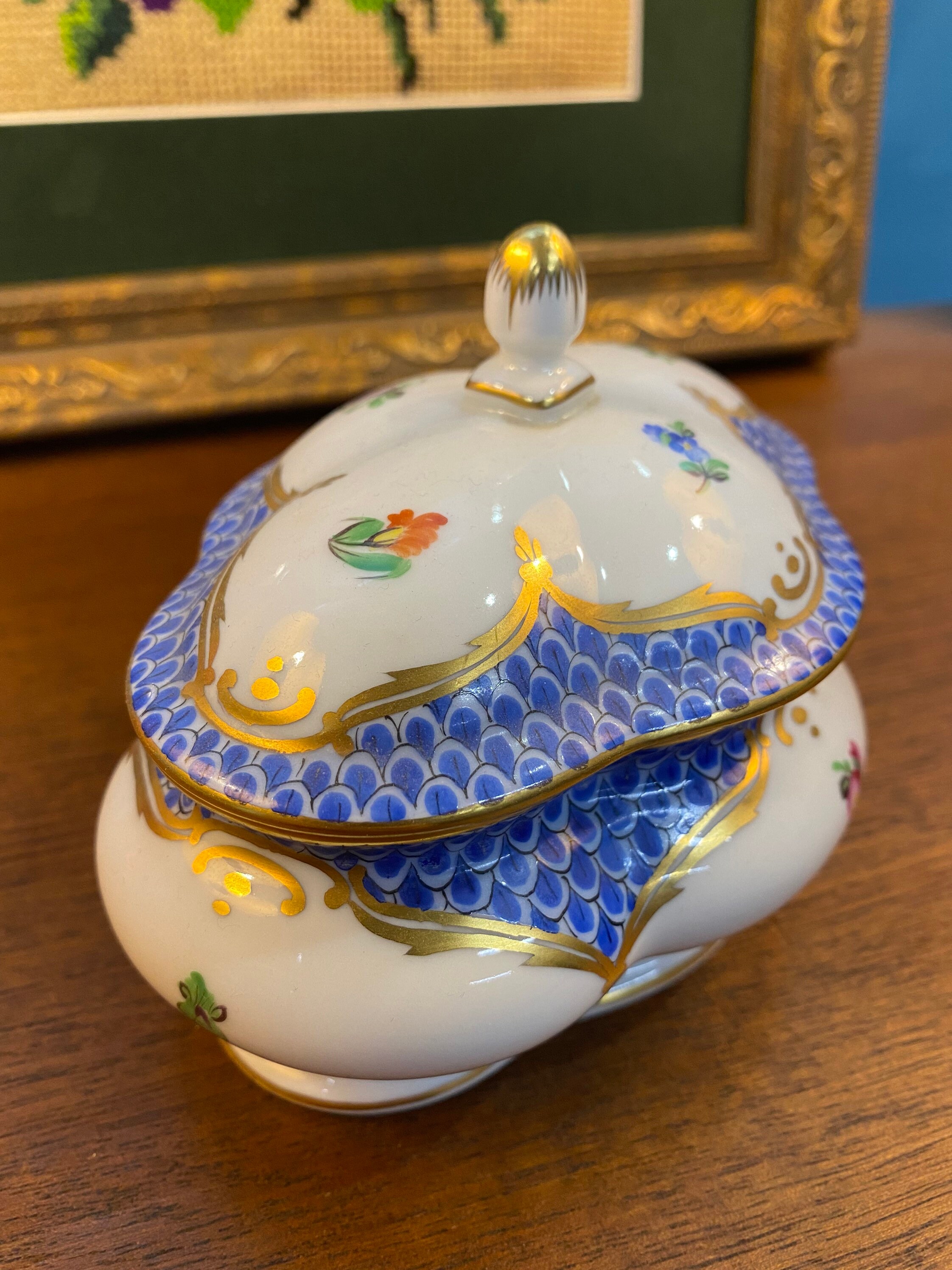 Herend Porcelain Bonbonier With Lid Blue Border Etsy Australia