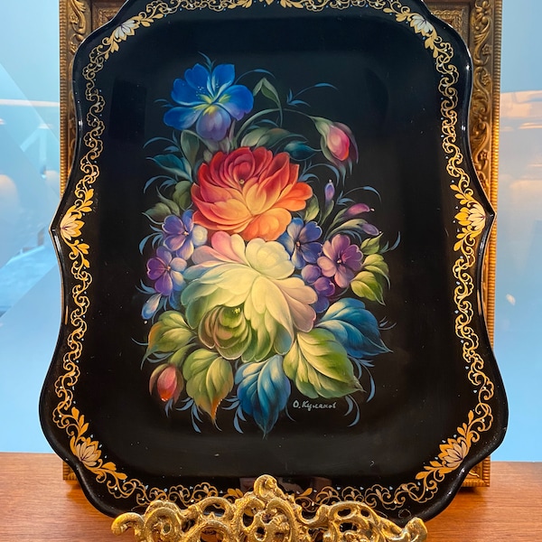 Metal Russian Handpainted Flowers Pattern Tray, Black tray detailed, Artist signed, Mint condition