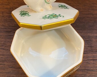 Herend Porcelain Box 6074 W/ Cat Figurine Lid in Rust Chinese