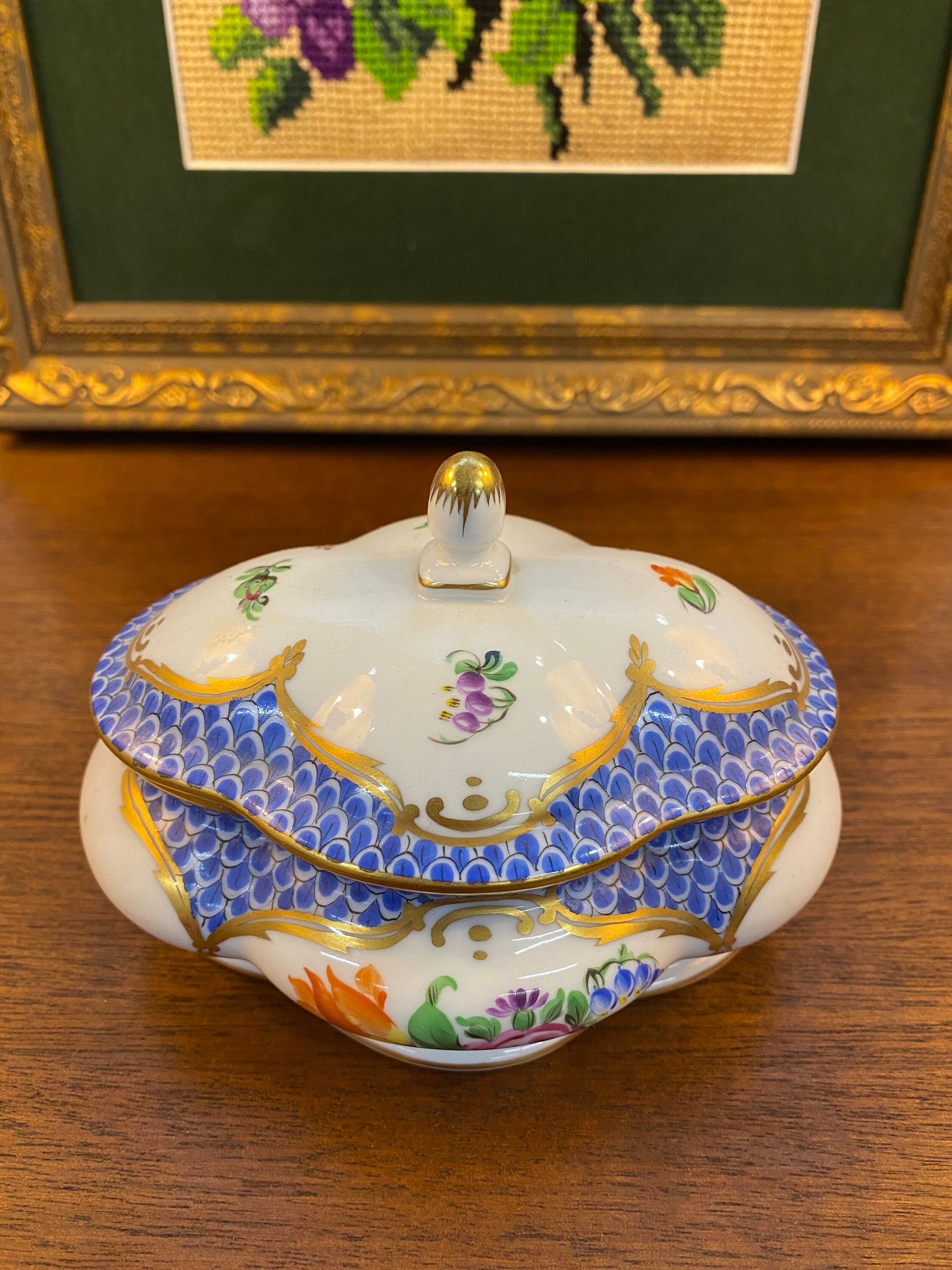 Herend Porcelain Bonbonier With Lid Blue Border Etsy Australia