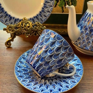 Imperial Porzellan Lomonosov Vergissmeinnicht Vintage Tee-Set - Teetasse, Untertasse, Kuchenteller, Teekanne, Erste Qualität, Ausgezeichneter Zustand