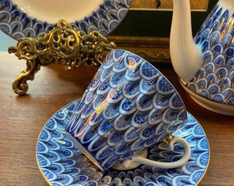ロモノーソフ ソ連 金とコバルト模様の船型ティーカップと ロモノーソフ ソ連 金とコバルト模様の船型ティーカップと