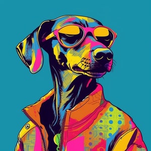 Puede incluir: Una ilustración colorida de un perro con gafas de sol y una chaqueta con un patrón geométrico. El perro tiene un cuerpo negro y amarillo con orejas rosas y un fondo azul.