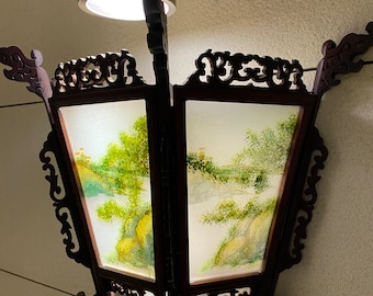 Asian wall sconce, Wall decor, wood and glass wall sconce, handmade and handpainted