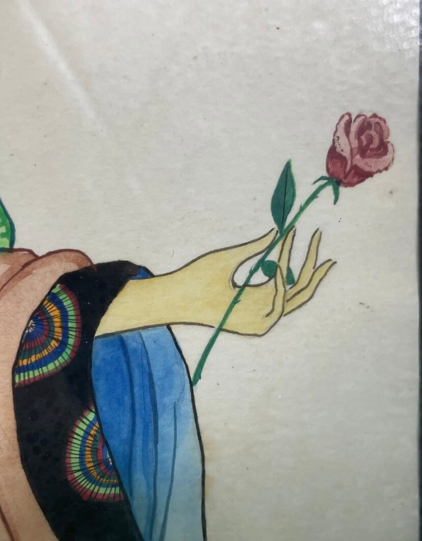 ヴィンテージ日本画、金色の金属フレーム、日本美術、ミニマリストの