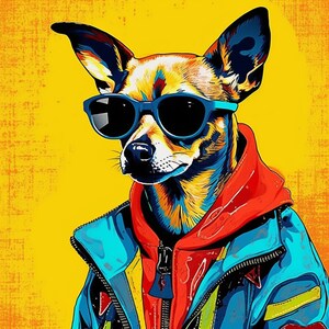 Puede incluir: Una ilustración colorida de un chihuahua con gafas de sol y una chaqueta azul y roja. El perro tiene una expresión seria y mira directamente al espectador.