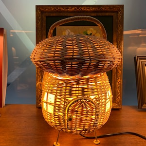 Handmade Rattan Mushroom House Table Lamp - Unique Rattan Deco Light, Bamboo Art, Unused Condition, Eco-Friendly Design