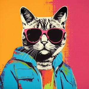 Puede incluir: Un gato cool con gafas de sol rosas y una chaqueta azul con un diseño colorido. El gato tiene pelo blanco y negro y una expresión seria.