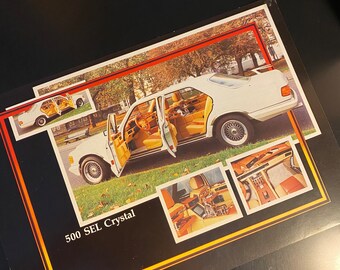 May include: A white Mercedes-Benz 500 SEL Crystal with tan leather interior. The car has all four doors open, showing off the interior. The car is parked on a grassy lawn with trees in the background. The image also includes close-up shots of the interior, including the dashboard, seats, and door panels.