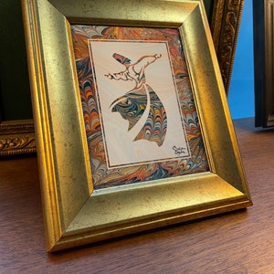 Handpainted Mevlana Turkish Miniature Marbling Painting - Framed Artist Signed, Turkish Wall Decor, Unique Handcrafted Artwork