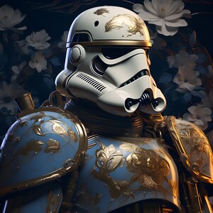 Puede incluir: Un casco de stormtrooper blanco con detalles dorados y florales. El casco forma parte de una armadura más grande, ornamentada, azul y dorada.