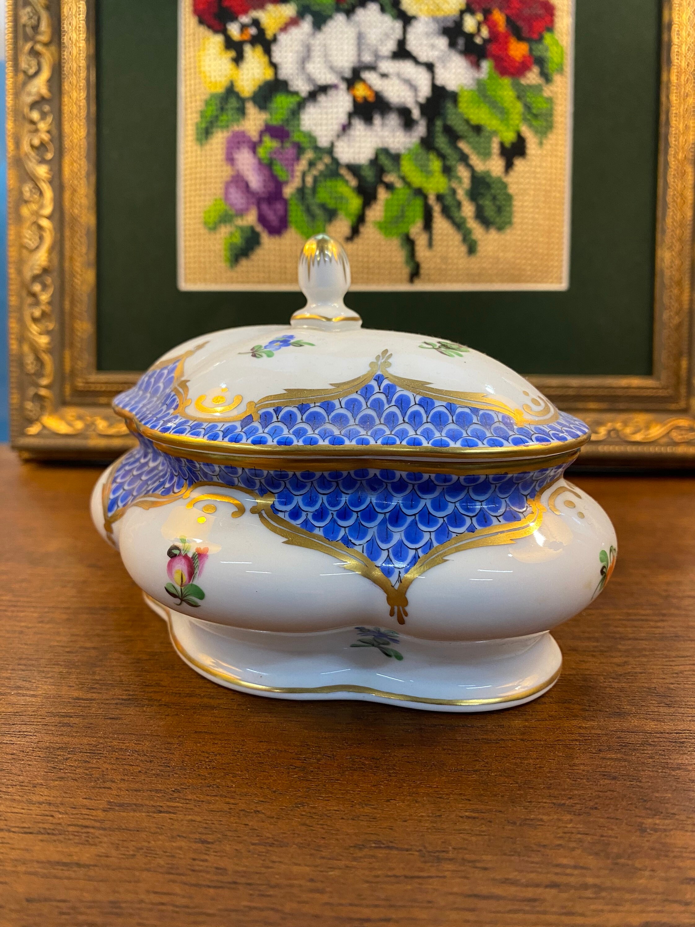 Herend Porcelain Bonbonier With Lid Blue Border Etsy Australia