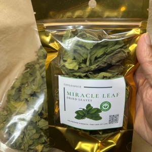 Puede incluir: Una bolsa de plástico resellable de color dorado que contiene hojas secas verdes de Kalanchoe pinnata. La etiqueta blanca presenta el texto CEYLOSPICE, MIRACLE LEAF, DRIED LEAVES y KALANCHOE PINNATA: THE LEAF OF LIFE, con un gráfico.