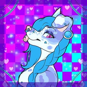 May include: A digital illustration of a blue and white anthropomorphic canine character with a braided hairstyle. The character has pink eyes, a nose ring, and a large blue earring. The background is a checkered pattern of purple and blue with floating hearts.