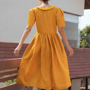 Yellow Linen Midi Dress: Empire Waist Sailor Collar - OEKO-TEX Certified