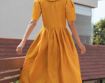 Vestido midi de linho amarelo: cintura império, gola marinheiro - Certificado OEKO-TEX