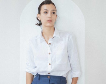 White Linen Shirt, Collar Shirt, Linen button-up shirt, Linen Shirt Long Sleeve, White linen top, Summer Blouse