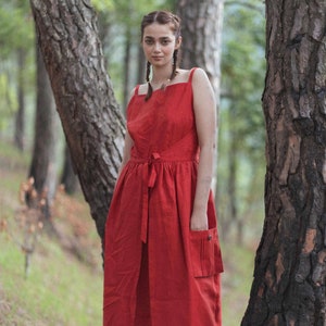 Red linen sundress, square-neck dress, maxi dress with pockets, wrap linen dress, plus size clothing