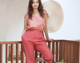 High Waisted Linen Pants/ Cropped Linen Pants/ Tapered Linen Pants for Woman/ Classic Linen Pants