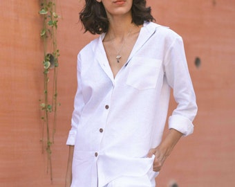 White Linen Button-Up Shirt: Long Sleeve Relaxed Fit