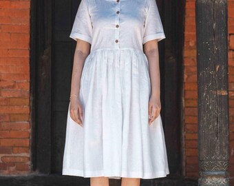 Handmade White Linen Midi Dress | Button-down V-neck , Pure Linen Outfit -  Etsy