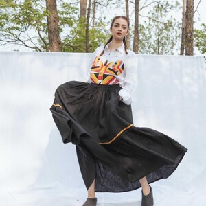 Black Linen Gathered Full Circle Skirt - Maxi Linen Skirts for Women - Mothers Day Gifts