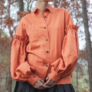 Linen Bishop Sleeve Shirt: Burnt Orange Button-Down, Nepal Made