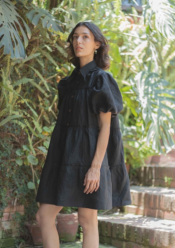 Black Linen Mini Dress - Handmade Puff Sleeve Tiered Shirt Dress
