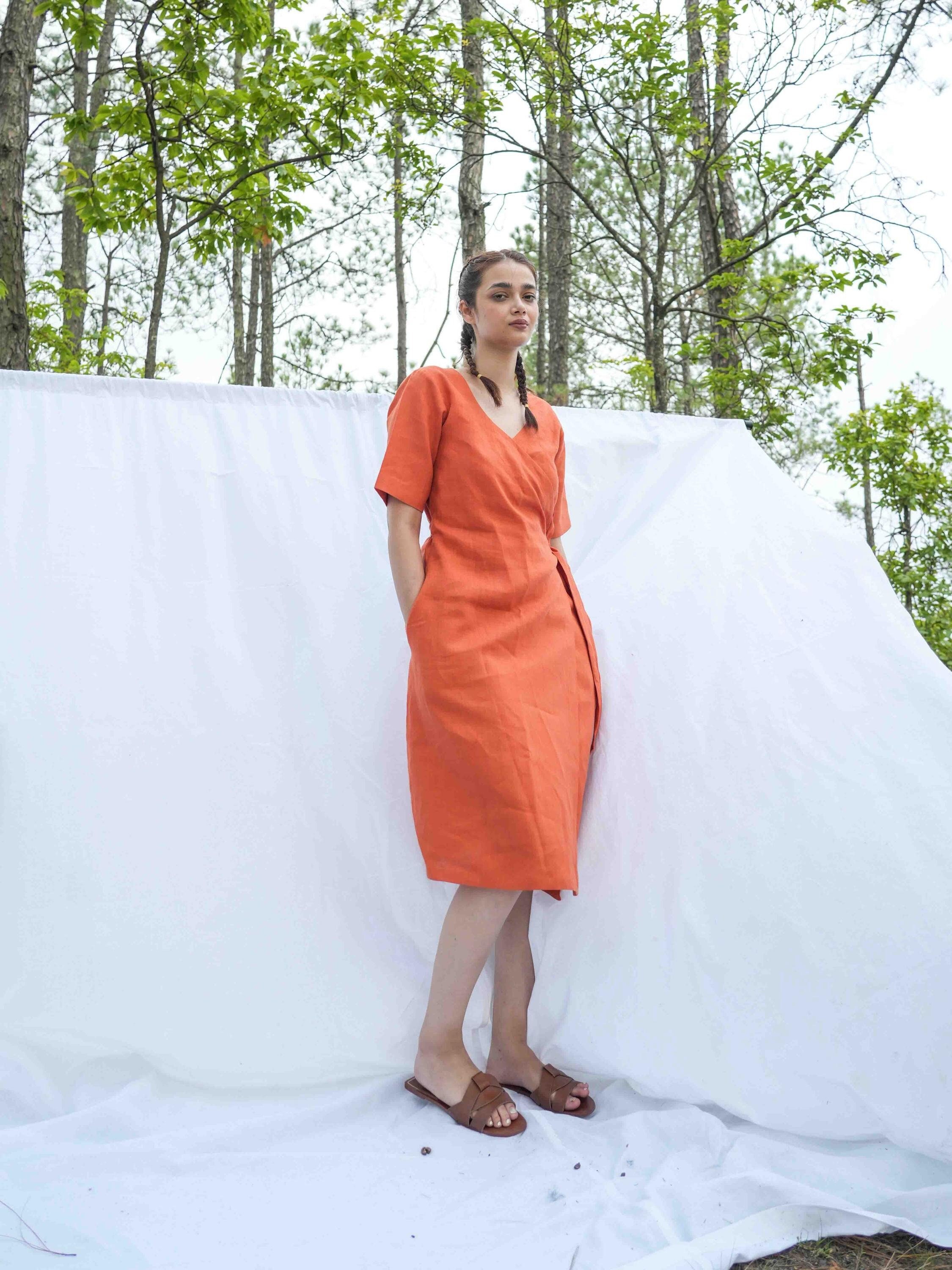 knee length dresses for ladies READY TO SHIP Maxi Linen Wrap Dress main image 1