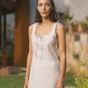 Natural Linen Maxi Dress: A-Line Sundress with Bow