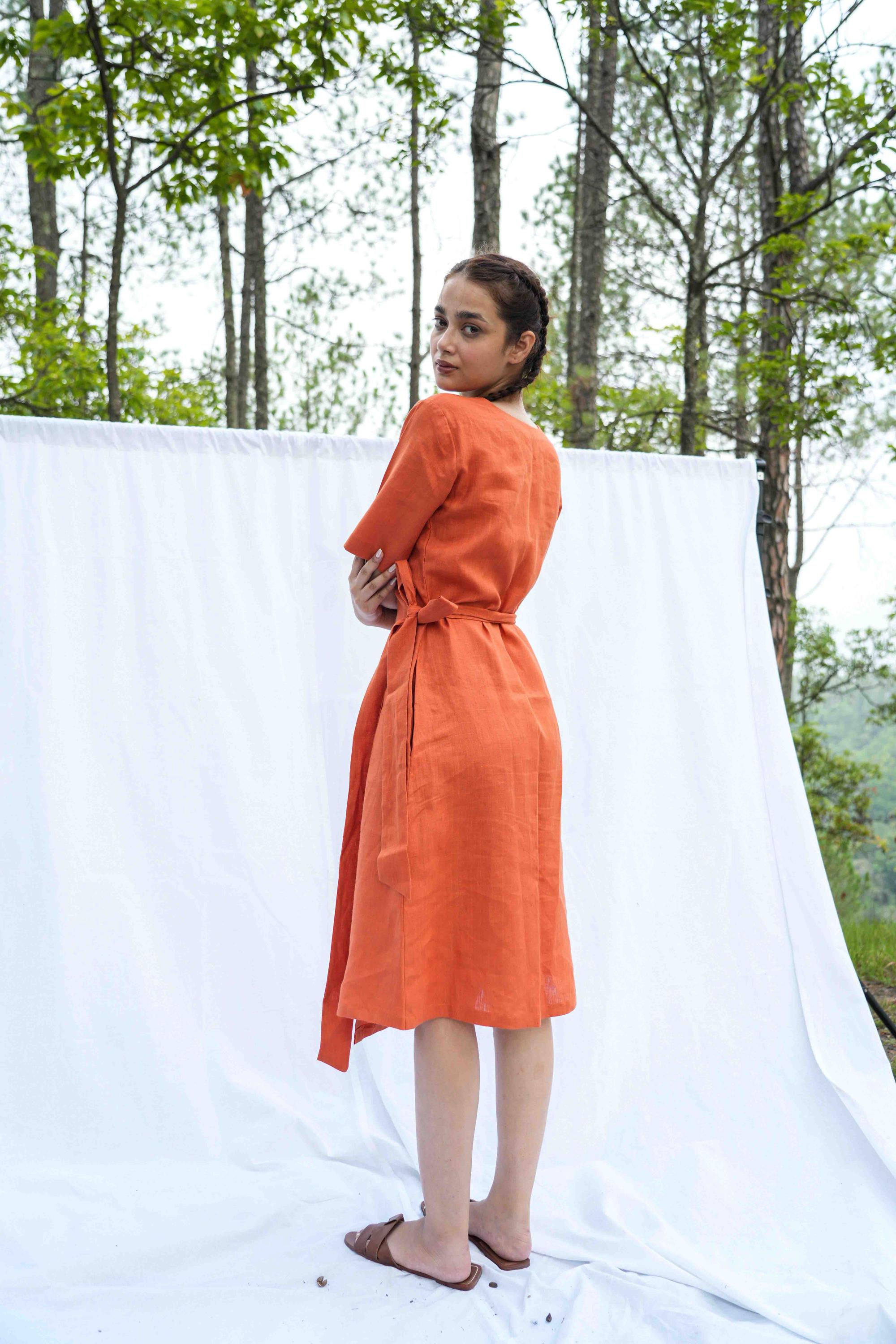 Linen Wrap Dress: Burnt Orange Midi, Short Sleeve V-Neck