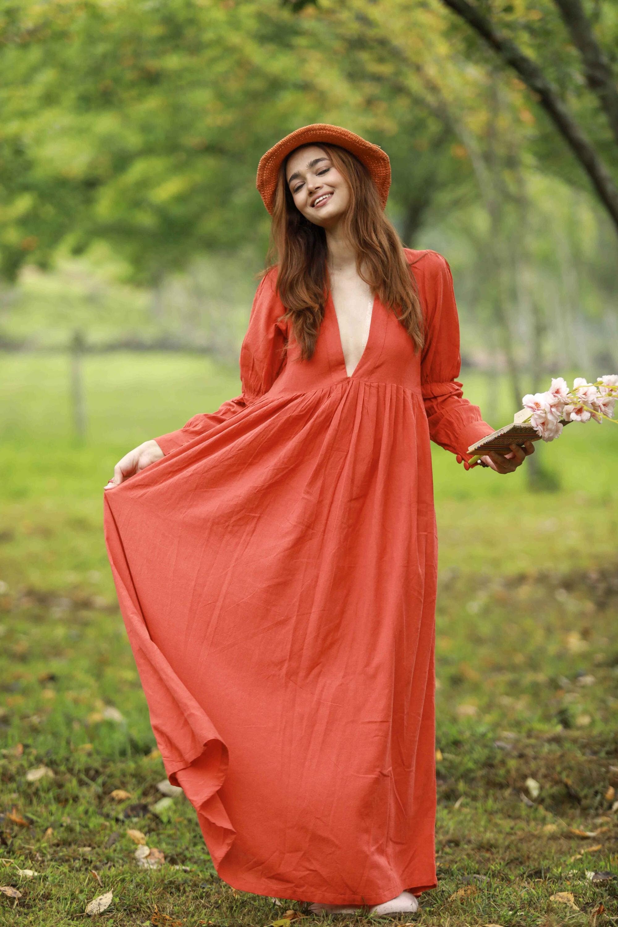 Burnt Orange Linen Maxi Dress: Long Sleeve Empire Waist Summer Outfit