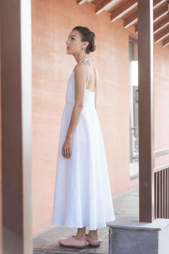 White Linen Maxi Dress: Halter Neck Summer Gown