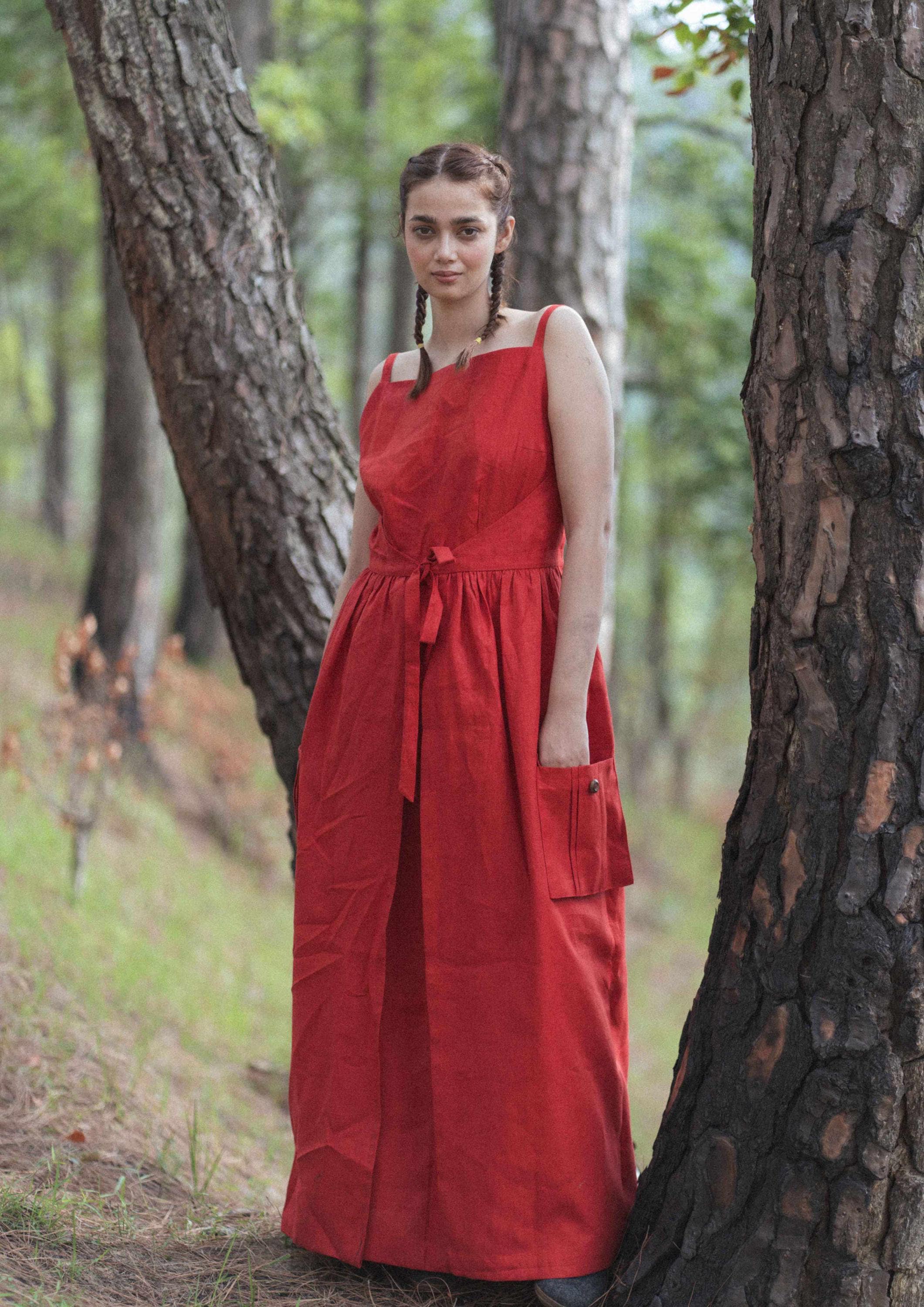 Red Linen Maxi Dress: Square Neck Sundress with Pockets