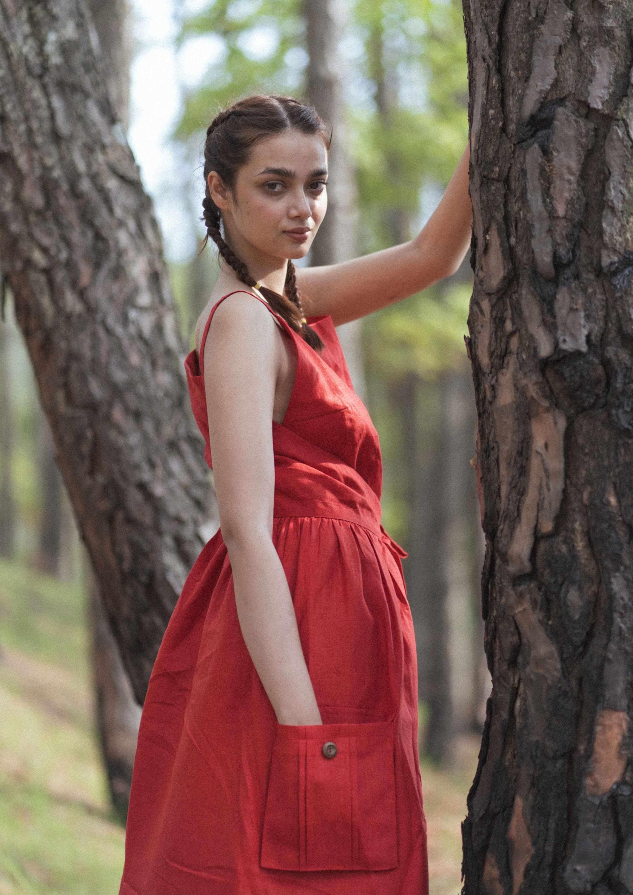 chinese dress ladies Red Square Neck Pocket Slip Midi Dress & Reviews - Red - Dresses main image 0
