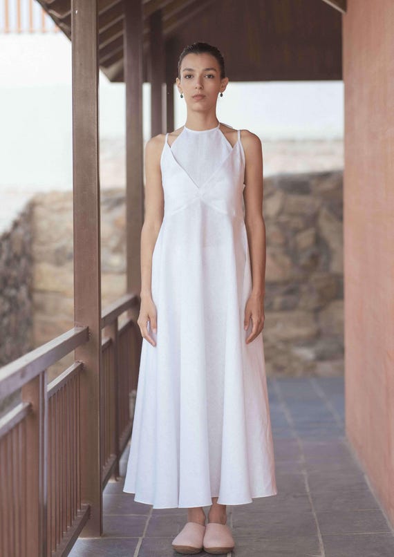 White Linen Maxi Dress: Halter Neck Summer Gown - Etsy