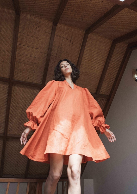 Brunt Orange Linen Mini Dress: Long Sleeve Swing Cocktail Dress