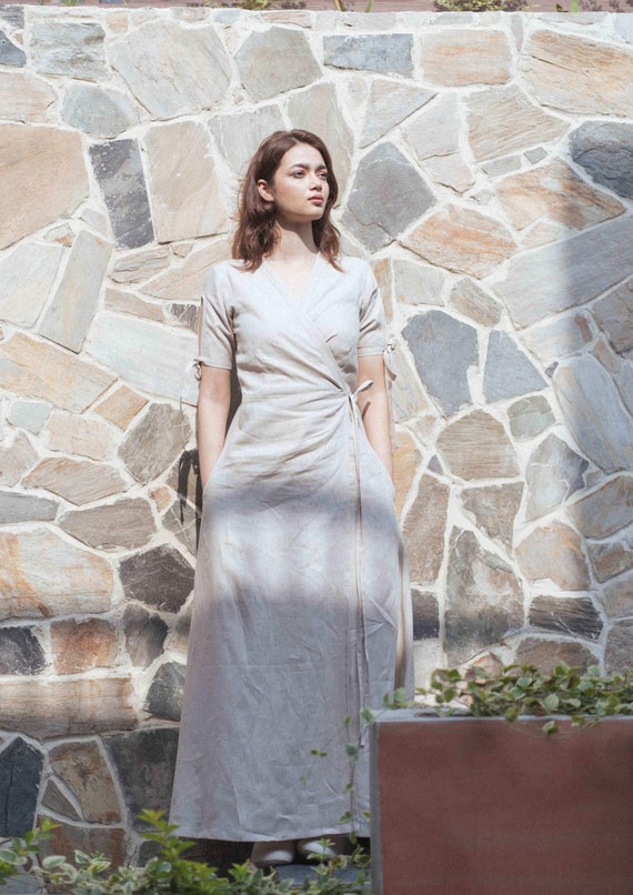 Wrap Linen Maxi Dress: V-Neck Kimono Style - OEKO-TEX Linen