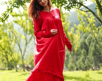 Red Linen Maxi Dress: Handmade Empire Waist Cottagecore Clothing