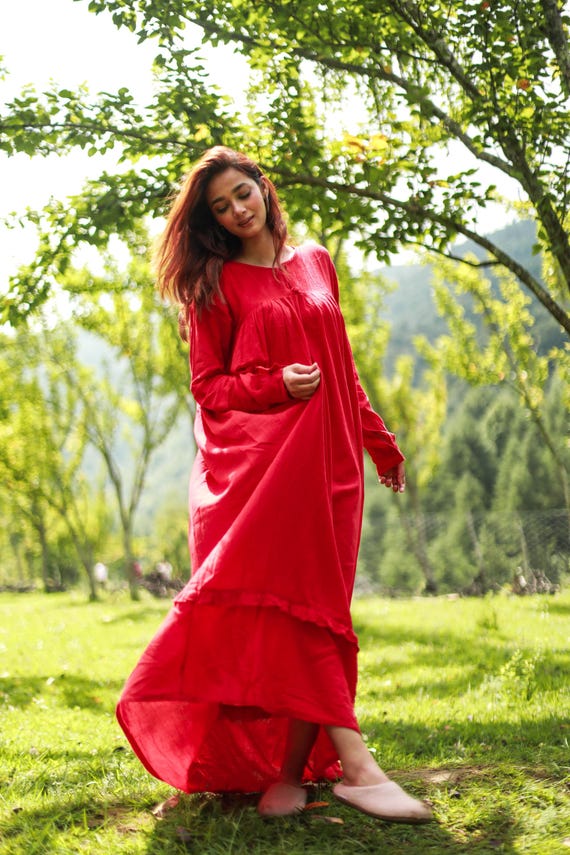 Red Linen Maxi Dress: Handmade Empire Waist Cottagecore Clothing