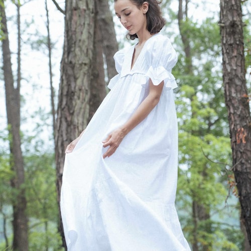 White Linen Maxi Dress - Empire Waist, Ruffle Sleeves